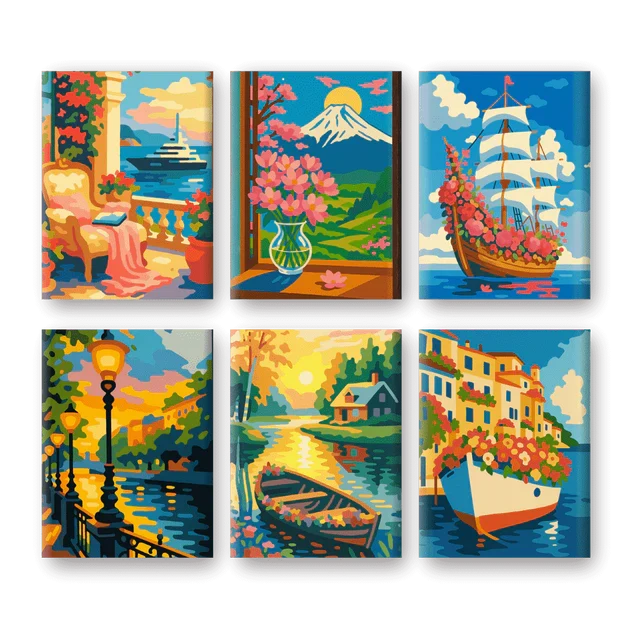 Coffret "Bateaux fleuris" – 6 peintures par numéro