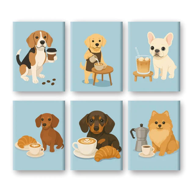 Coffret "Chiot au petit déj’" – 6 peintures par numéro