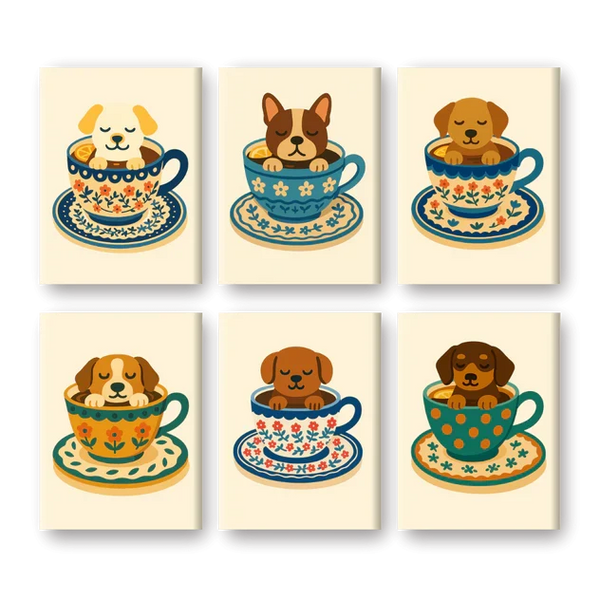 Coffret "Tasses & Chiots" – 6 peintures par numéro