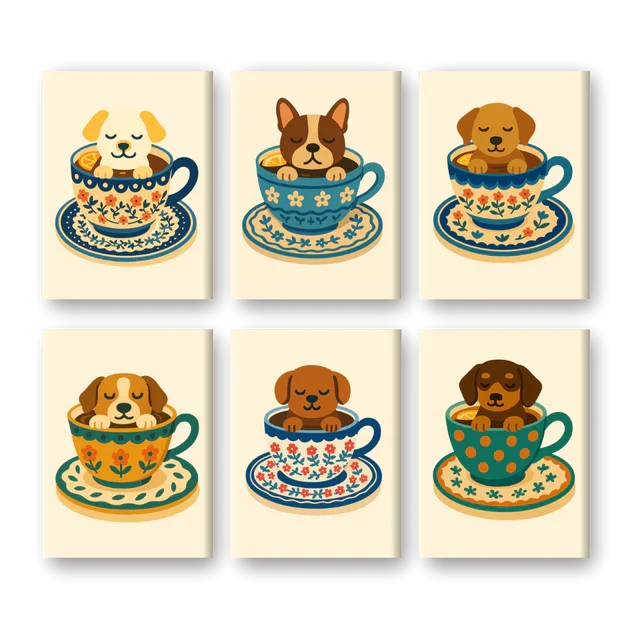 Coffret "Tasses & Chiots" – 6 peintures par numéro