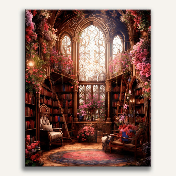 Bibliothèque florale enchantée | Peinture par numéro 30×40 cm