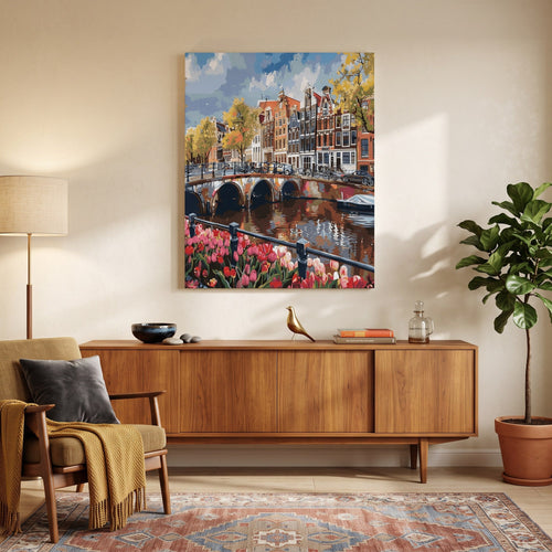 Canal d'Amsterdam aux Tulipes | Peinture par numéro 30×40 cm