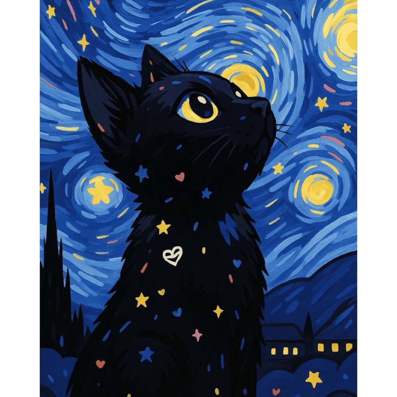 Chat dans la nuit étoilée | Peinture par numéro 30×40 cm
