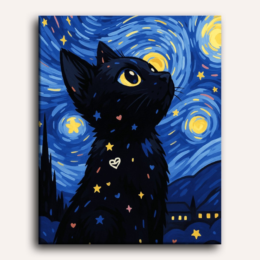 Chat dans la nuit étoilée | Peinture par numéro 30×40 cm