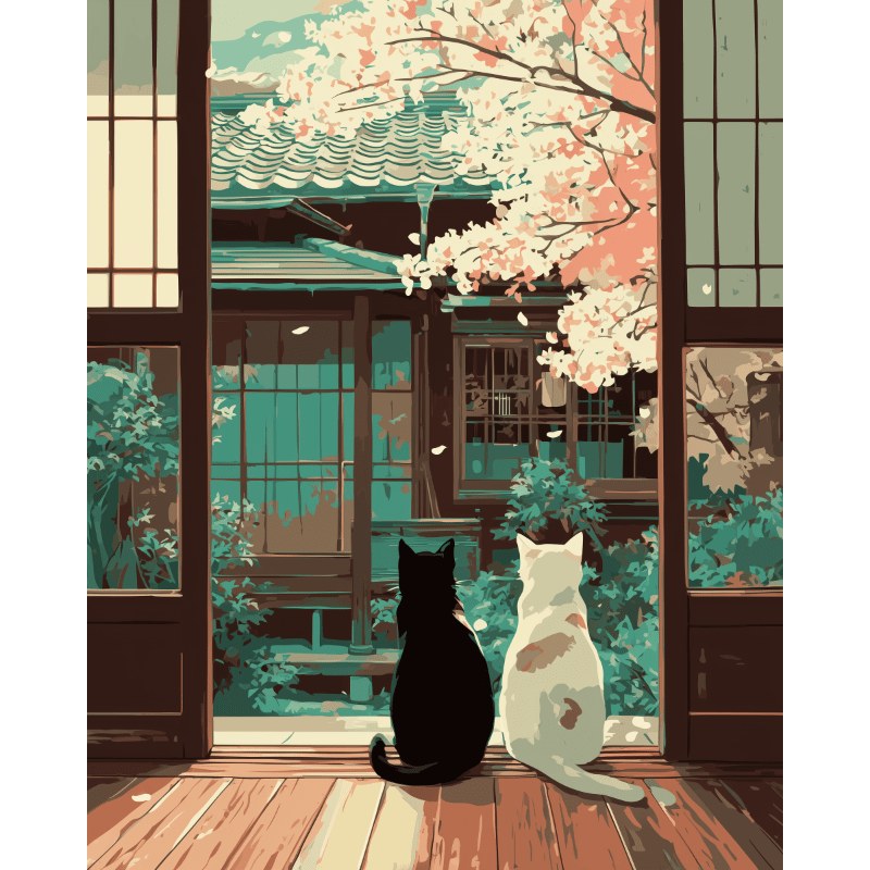 Chats au Jardin Japonais | Peinture par numéro 30×40 cm