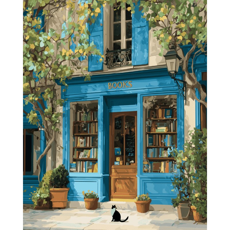 Librairie Bleue au Chat Noir | Peinture par numéro 30×40 cm