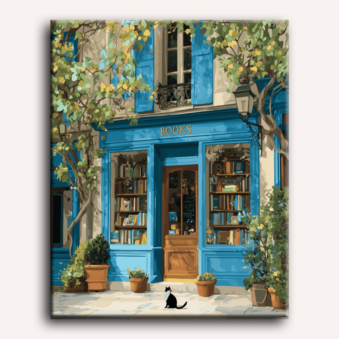 Librairie Bleue au Chat Noir | Peinture par numéro 30×40 cm