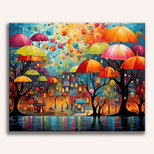 Parapluies en ville | Peinture par numéro 30×40 cm