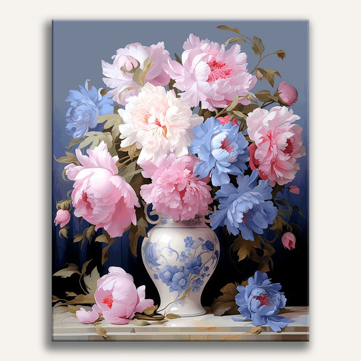 Pivoines en Vase de Delft | Peinture par numéro 30×40 cm